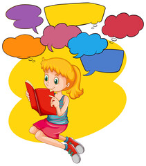 Speech bubble template with girl reading book