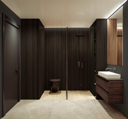 Modern interior design of bathroom shower, walnut wooden walls with rectangular mirror and vanity, minimalist and clean concept, 3d rendering