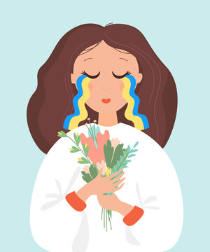 crying woman holding flowers, ukraine colors clip art preview