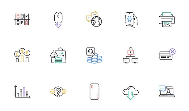 Smartphone cover, Parking place and Scroll down line icons for website, printing. Collection of Cloud download, Currency rate, Lock icons. Friends chat, World communication. Vector