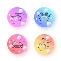 Delivery, Chemistry lab and Hold t-shirt minimal line icons. 3d spheres or balls buttons. Medical helicopter icons. For web, application, printing. Fast service, Laboratory, Laundry shirt. Vector