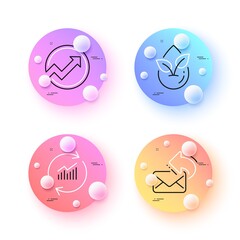 Audit, Update data and Share mail minimal line icons. 3d spheres or balls buttons. Organic product icons. For web, application, printing. Arrow graph, Sales statistics, New e-mail. Leaf. Vector