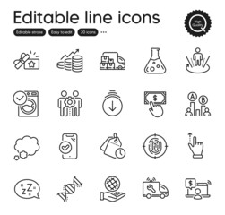 Fototapeta premium Set of Technology outline icons. Contains icons as Loyalty gift, Ab testing and Employees teamwork elements. Car service, Fingerprint, Time management web signs. Payment click. Vector
