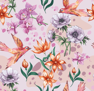 Fashionable trendy textile floral digital pattern wallpaper stylish print tile seamless decorative interior trendy cute with anemone orchid and birds on a complex light pink background with spots.