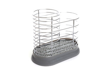 metal stand for storing cutlery on a white isolated background