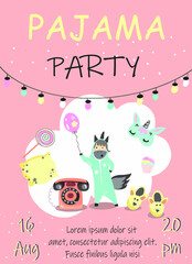 Invitation template for pajama party, unicorn in pajamas, surrounded by pajama party attributes, slippers, telephone, pillow, lollipop, air balloon, sleep mask, garland, vector, invitation, postcard.
