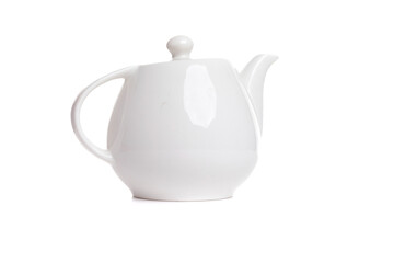white ceramic teapot with handle on white isolated background