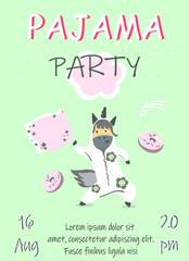 Pajama party invitation template, unicorn in pajamas, with pillow, donuts, comet, cloud, vector illustration.