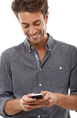 Texting a friend. A handsome young man sending a text message.