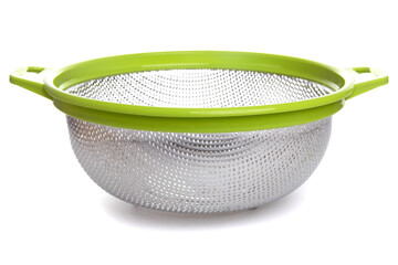 aluminum colander with plastic light green handles on a white isolated background - obrazy, fototapety, plakaty