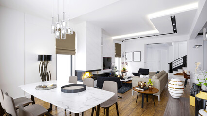 modern dining room with table, room interiori modern dining room, modern living room with fireplace, 3d render image interior,  villa interior desig, modern kitchen interior
