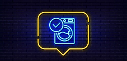 Neon light speech bubble. Washing machine line icon. Wash laundry sign. Washable cleaner symbol. Neon light background. Washing machine glow line. Brick wall banner. Vector