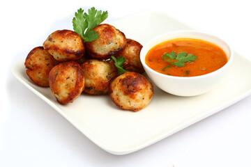 Kuzhi Paniyaram served with coconut chutney and sambar- South Indian breakfast