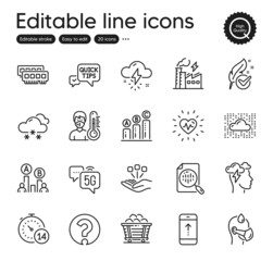 Set of Science outline icons. Contains icons as Analytics chart, Ab testing and Cloud system elements. Electricity factory, Thermometer, Hypoallergenic tested web signs. Vector