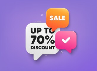 Up to 70 percent discount. 3d bubble chat banner. Discount offer coupon. Sale offer price sign. Special offer symbol. Save 70 percentages. Discount tag adhesive tag. Promo banner. Vector