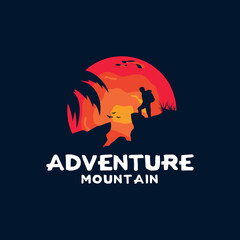climber mountain logo illustration in the peak with Sunset Outdoor vector design inspiration