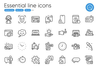 Support, Inspect and Luggage trolley line icons. Collection of Settings blueprint, Search employee, Smile icons. Timer, Clock, Favorite web elements. Spanner, Time, Dots message. Vector