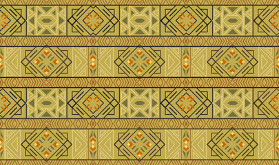 Geometric seamless pattern with squares, lines and triangles. Green, orange,light and dark elements on yellowish brown background. Vector illustration. For printing on fabric or wallpaper.