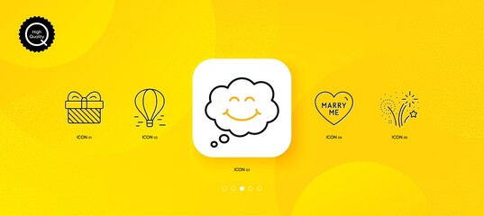 Fototapeta na wymiar Smile, Air balloon and Marry me minimal line icons. Yellow abstract background. Fireworks, Gift icons. For web, application, printing. Comic chat, Flight travel, Wedding. Pyrotechnic salute. Vector