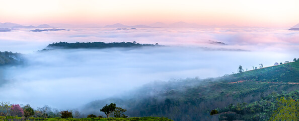 New morning scene on top hill looking down with fog covering valley and peaceful sunrise sky background in Da Lat highland, Vietnam