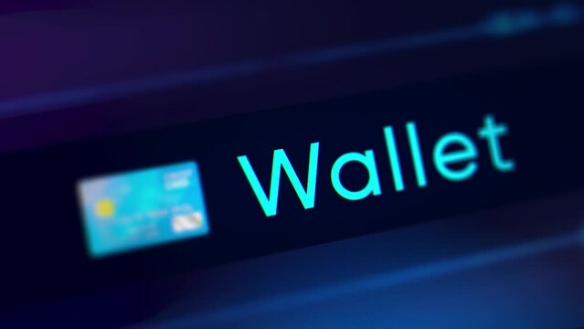 4K Click Glowing neon line Cryptocurrency wallet icon black background. Wallet bitcoin Mining . Money, payment, cash, pay icon. Online wallet, bank account online, financials, mobile banking.