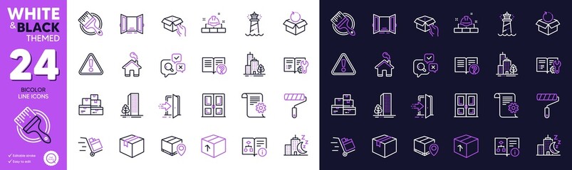 Inspect, Construction bricks and Night city line icons for website, printing. Collection of Package, Entrance, Technical algorithm icons. Parcel, Parcel tracking, Open door web elements. Vector