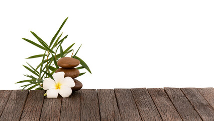 Empty wood floor, plumeria flower and bamboo tree isolated on white background with clipping path.