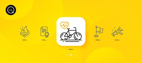 Fototapeta na wymiar Flag, Cardio bike and Ole chant minimal line icons. Yellow abstract background. Cardio training, Certificate icons. For web, application, printing. Success flag, Fitness bicycle, Megaphone. Vector
