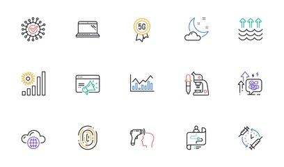 Journey path, Microscope and Coronavirus line icons for website, printing. Collection of Stress grows, Evaporation, 5g technology icons. Cloud computing, Seo marketing, Laptop web elements. Vector