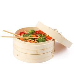 bamboo steamer. device for steaming food. steamed food. the concept of healthy eating