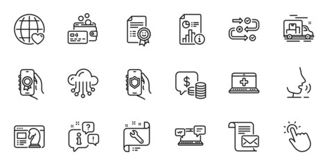 Outline set of Internet chat, Mail letter and Smile line icons for web application. Talk, information, delivery truck outline icon. Include Spanner, Survey progress, Coins icons. Vector