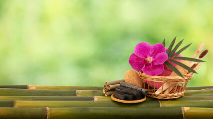 Spa with bamboo charcoal on nature background.