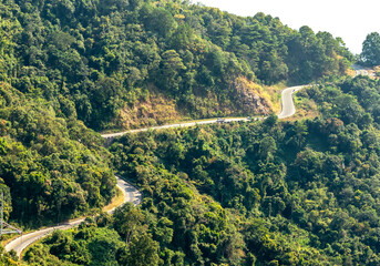 Traffic on a treacherous pass from above, connecting Ninh Thuan and Lam Dong provinces on a spring morning at Ngoan Muc Pass, Da Lat, Vietnam