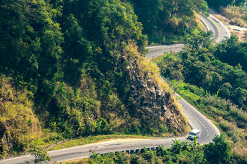 Traffic on a treacherous pass from above, connecting Ninh Thuan and Lam Dong provinces on a spring morning at Ngoan Muc Pass, Da Lat, Vietnam