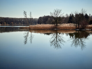 Spring landscape. Reflection in the lake. Quiet day.