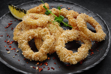 Fried onion rings in batter, on a black plate, on a black background