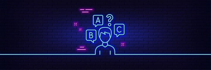 Neon light glow effect. Quiz test line icon. Select answer sign. Business interview symbol. 3d line neon glow icon. Brick wall banner. Quiz test outline. Vector