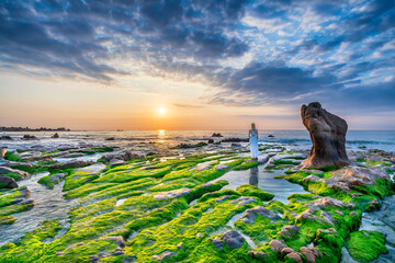 Tourists visit and take photos on mossy rocks at dawn at the beautiful beach in central Binh Thuan, Vietnam