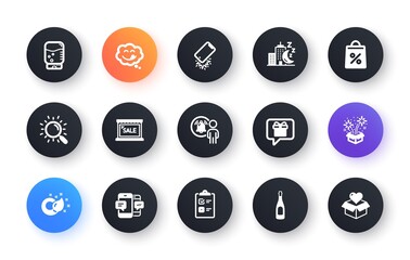 Minimal set of Paint brush, Shopping bag and Smartphone sms flat icons for web development. Smartphone broken, User notification, Wish list icons. Checklist, Water cooler, Search web elements. Vector