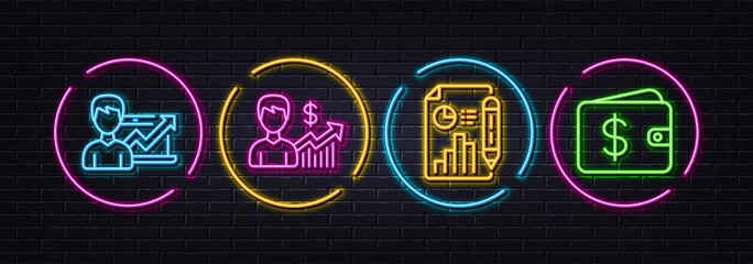 Success business, Business growth and Report document minimal line icons. Neon laser 3d lights. Dollar wallet icons. For web, application, printing. Growth chart, Earnings results, Cash money. Vector