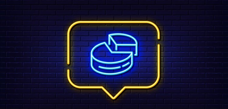 Neon light speech bubble. Pie chart line icon. Presentation 3d graph sign. Market analytics symbol. Neon light background. Pie chart glow line. Brick wall banner. Vector