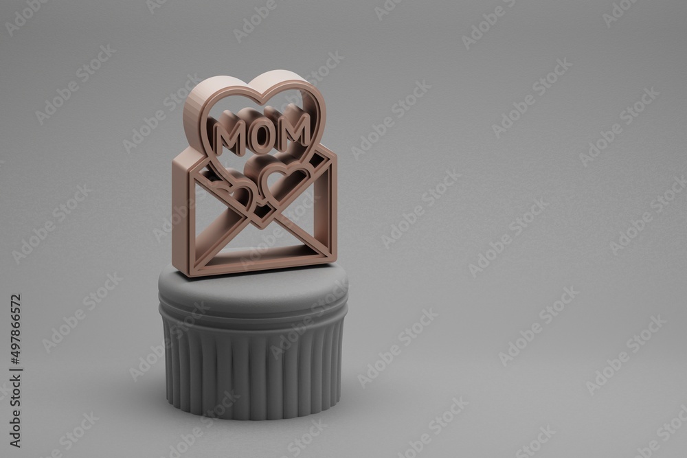 Poster Beautiful abstract illustrations message with word mom and heart symbol icons on a column and wonderful background. 3d rendering illustration. Background pattern for design. Mothers Day.