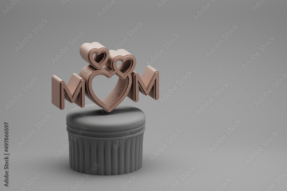 Poster Beautiful abstract illustrations word MOM with heart symbol icons on a column and wonderful background. 3d rendering illustration. Background pattern for design. Mothers Day.