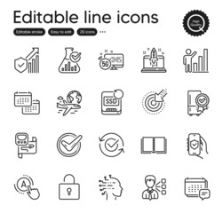Set of Technology outline icons. Contains icons as Start business, Confirmed and Metro map elements. Recovery ssd, Security statistics, Artificial intelligence web signs. Lock, Calendar. Vector