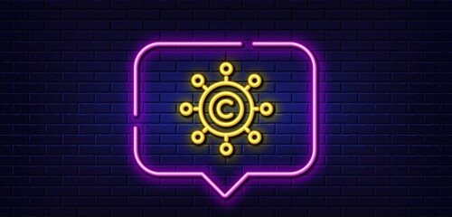 Neon light speech bubble. Copywriting network line icon. Copyright sign. Content networking symbol. Neon light background. Copywriting network glow line. Brick wall banner. Vector