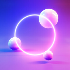 Neon lighting abstract spheres composition. 3d rendering