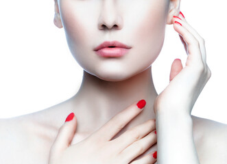 Beauty face, woman with lips and nails, clean skin