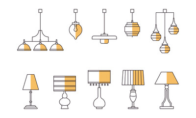 Lamp line icon set. Table lamps and  Pendant illumination symbol. Chandelier light. Vector
