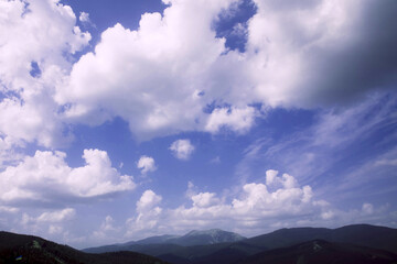 Blue cloudy sky on a sunny day in the mountains. Natural background