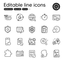 Set of Science outline icons. Contains icons as Blood donation, Report and Timer elements. Medical analyzes, Unlock system, Idea web signs. Quick tips, Project deadline. Vector